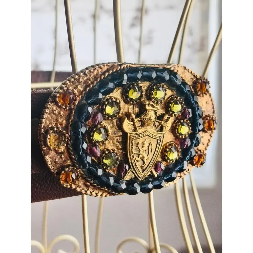 Vintage Brown Leather Jeweled Shield Buckle Belt Size 32